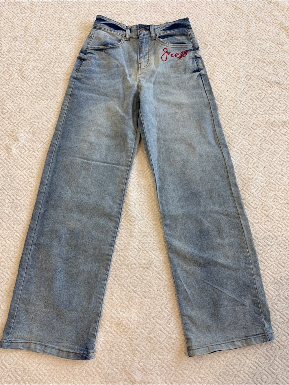 Guess Light Blue Wide-Leg Jeans with Red Script Logo